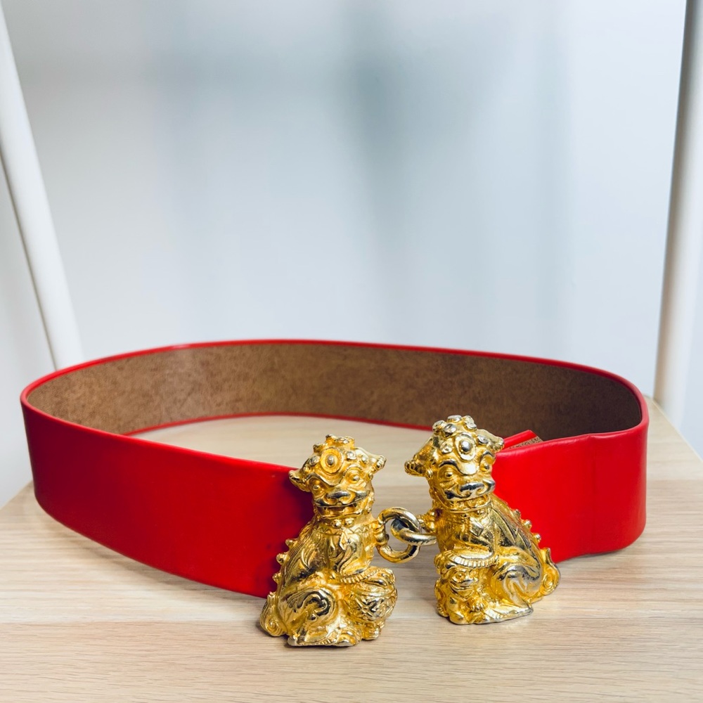 Unique red leather adjustable belt with gold Chinese Dragon clasps, size S-M